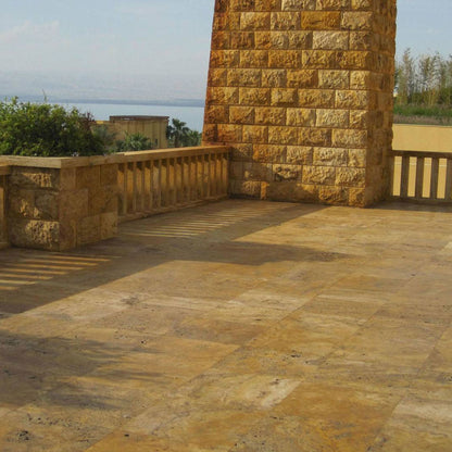 Tuscany Riviera Travertine Pavers shown installed in a finished outdoor or living space