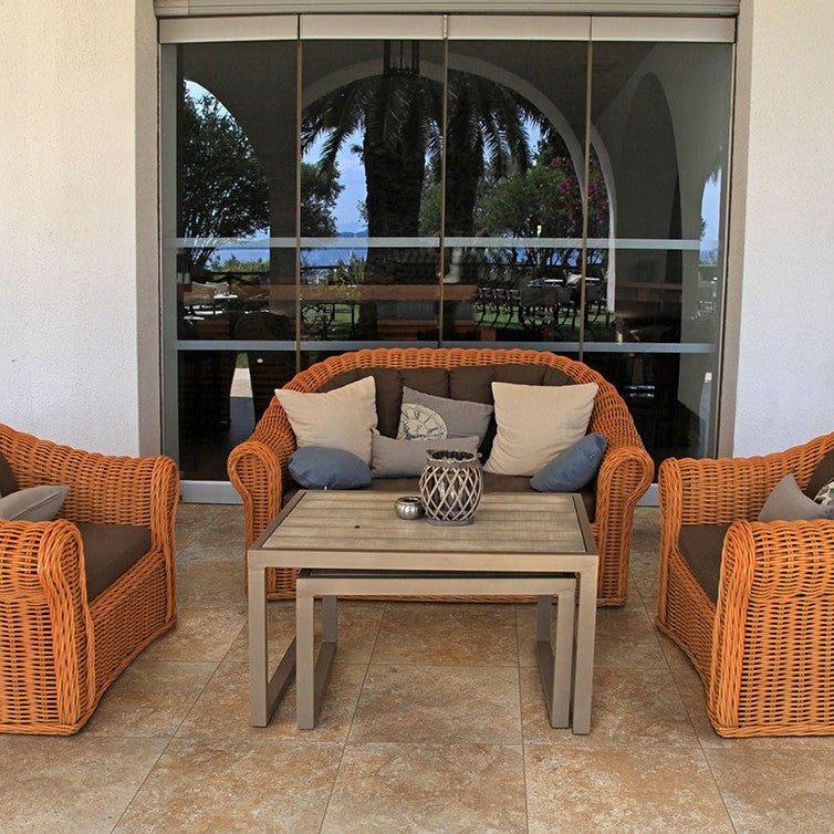Tuscany Riviera Travertine Pavers shown installed in a finished outdoor or living space