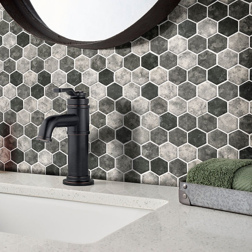 Urban Tapestry Hexagon Recycled Glass Mosaic installed in a finished room