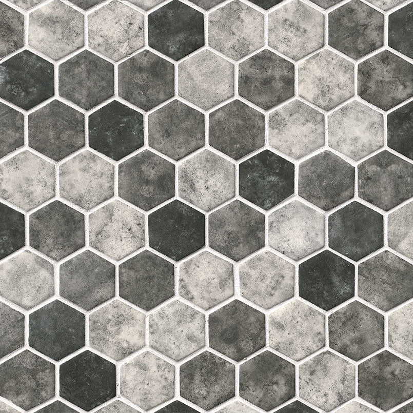 Urban Tapestry Hexagon Recycled Glass Mosaic in mixed finish, close up sheet view