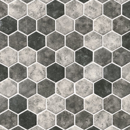 Urban Tapestry Hexagon Recycled Glass Mosaic in mixed finish, close up sheet view