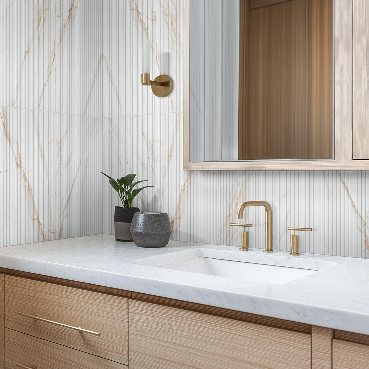 UrbanSlat Marmi Gold ceramic tile installed in a bathroom setting, scene 3