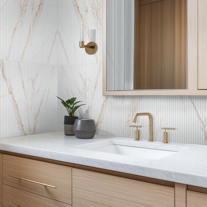 UrbanSlat Marmi Gold ceramic tile installed in a bathroom setting, scene 3