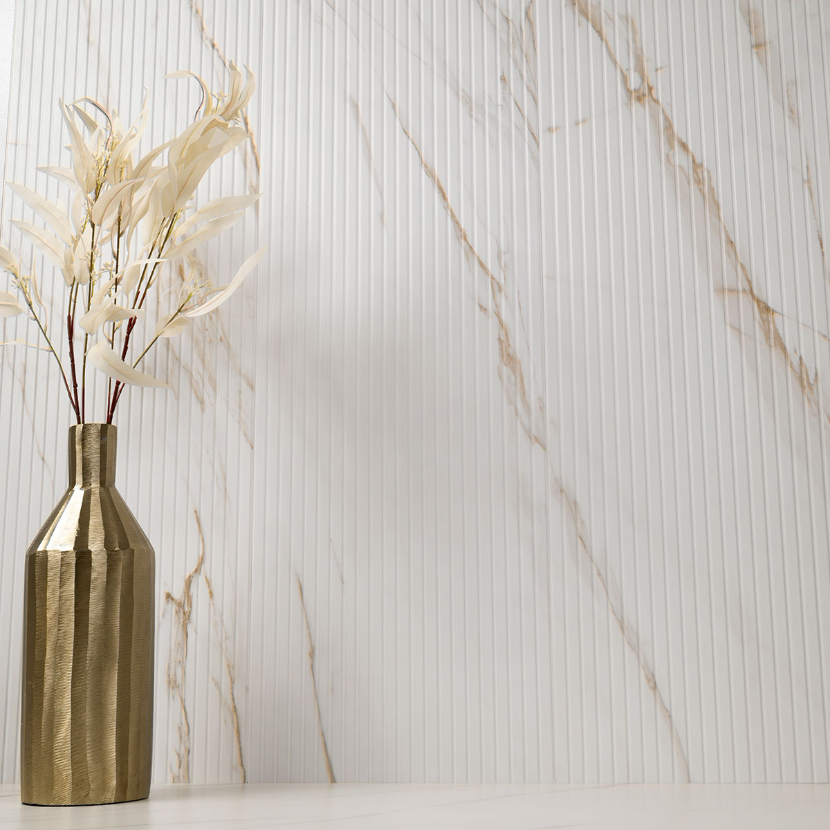 UrbanSlat Marmi Gold ceramic tile shown in a finished room, scene 2