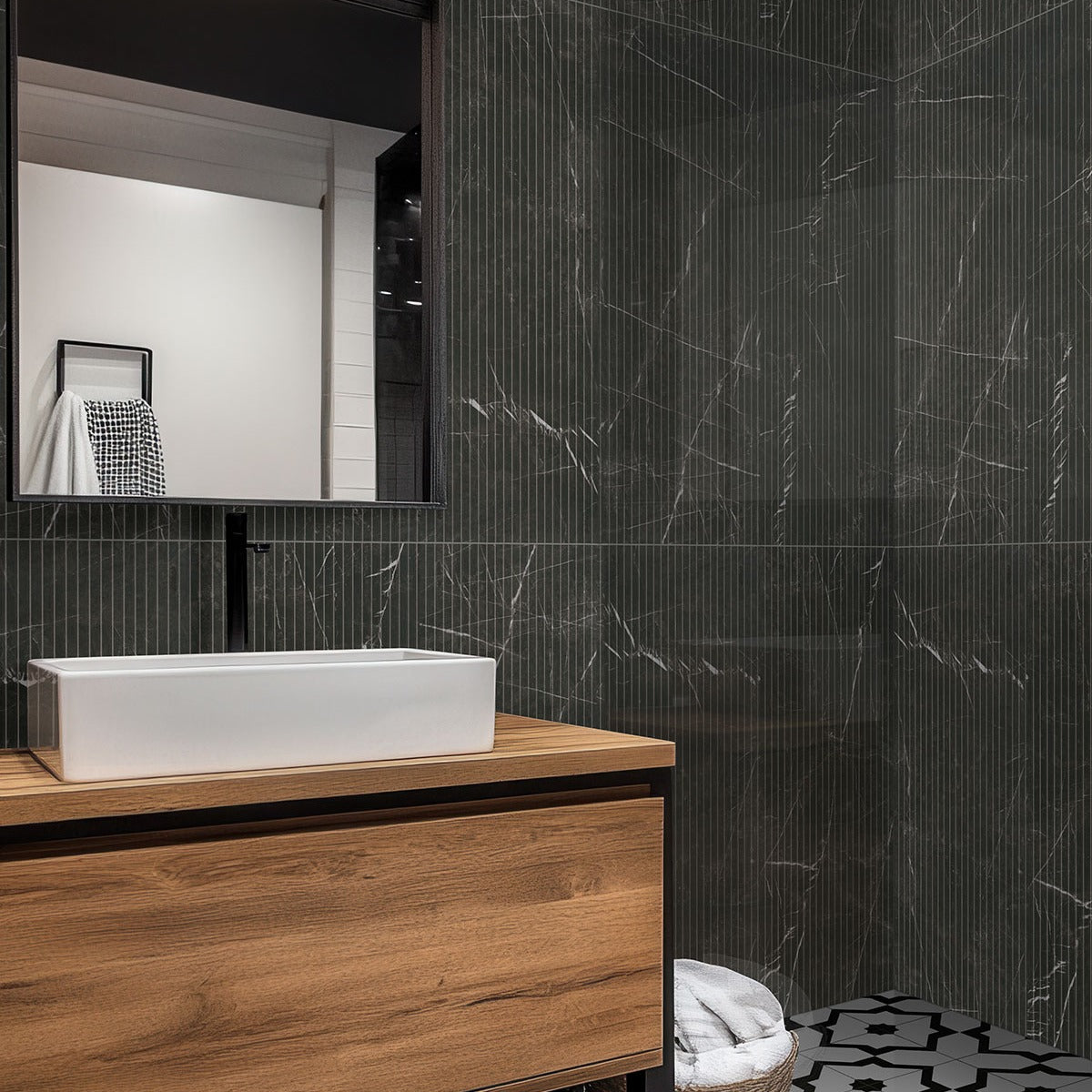 UrbanSlat Marmi Noir ceramic tile installed in a bathroom setting, scene 4