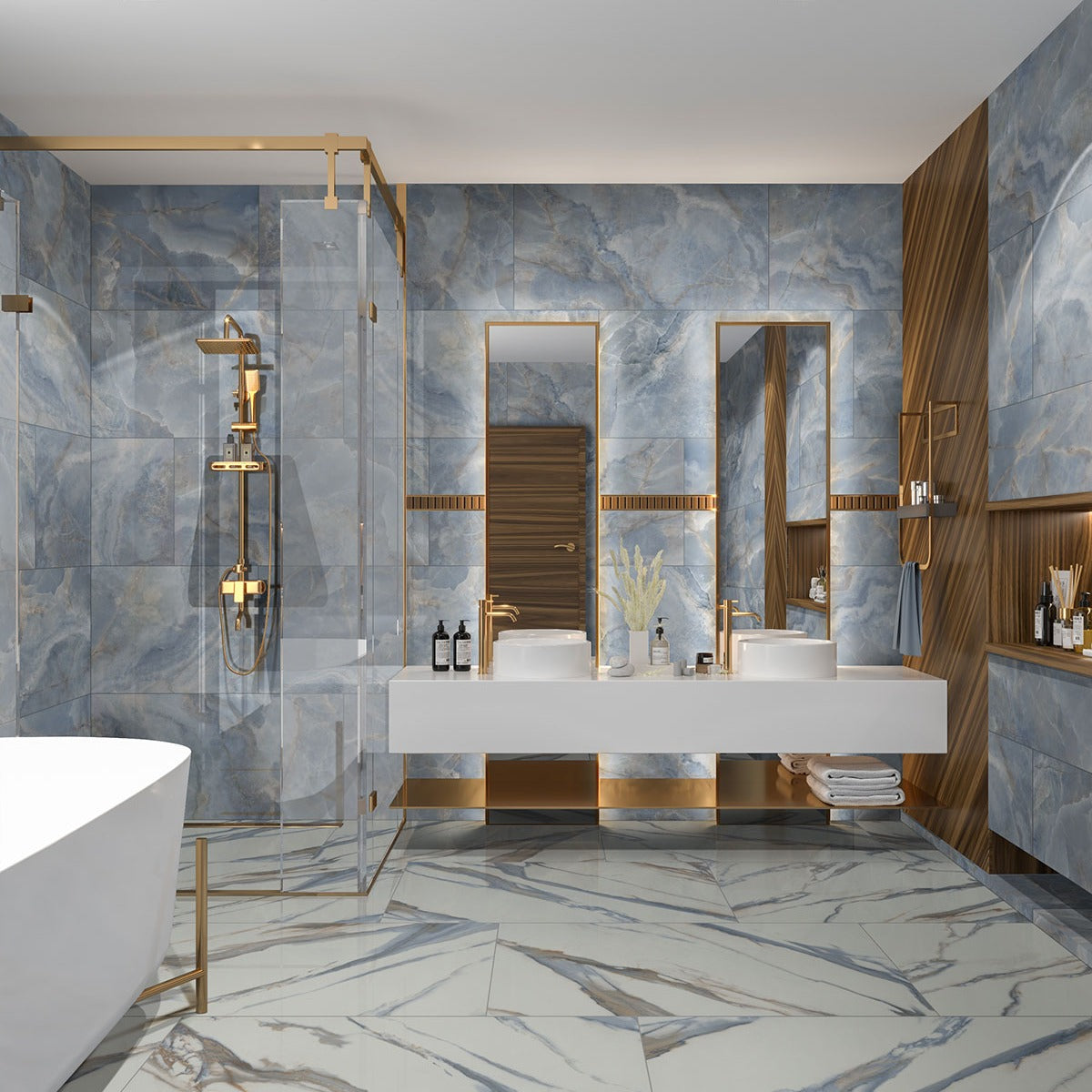 Valesia Azula porcelain tile installed in a bathroom setting