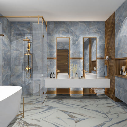 Valesia Azula porcelain tile installed in a bathroom setting