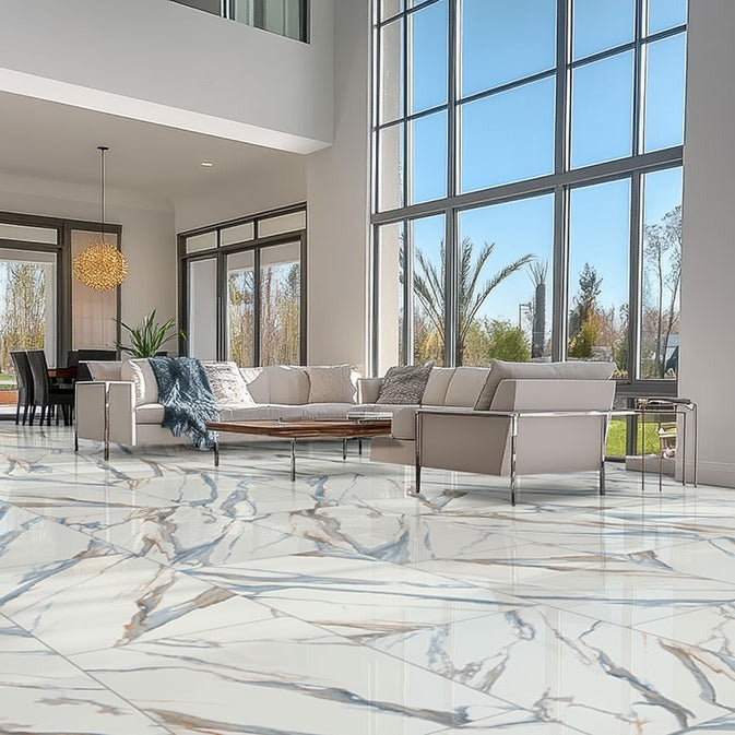 Valesia Azula porcelain tile shown in a finished room, scene 3