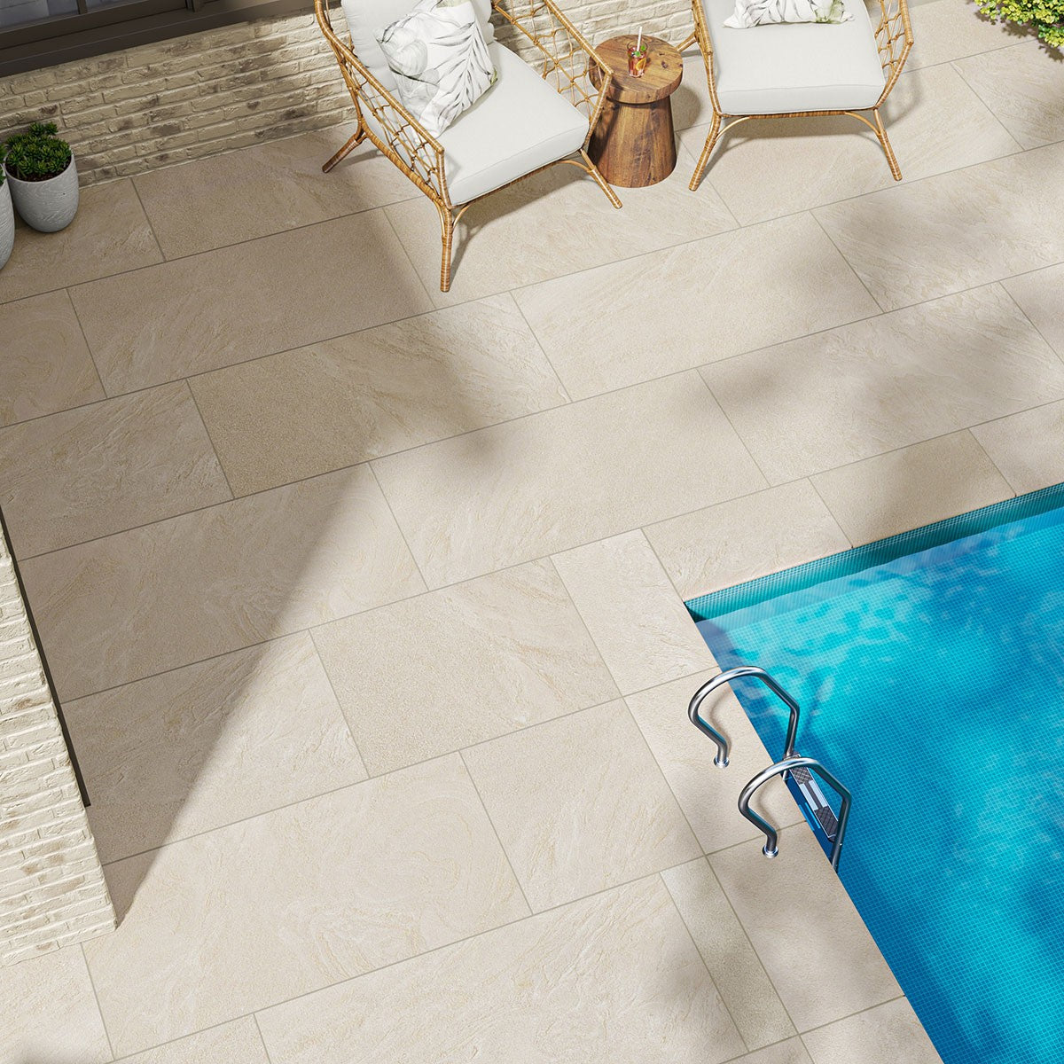 Vortexa Champagne Arterra Porcelain Pavers shown installed in a finished outdoor or living space