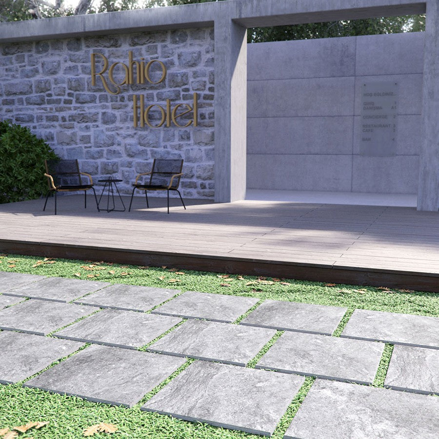 Vulkon Grey Arterra Porcelain Pavers shown installed in a finished outdoor or living space