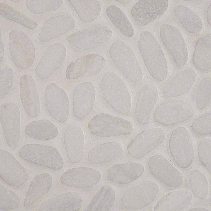 White Pebbles Marble Mosaic in tumbled finish, close up sheet view