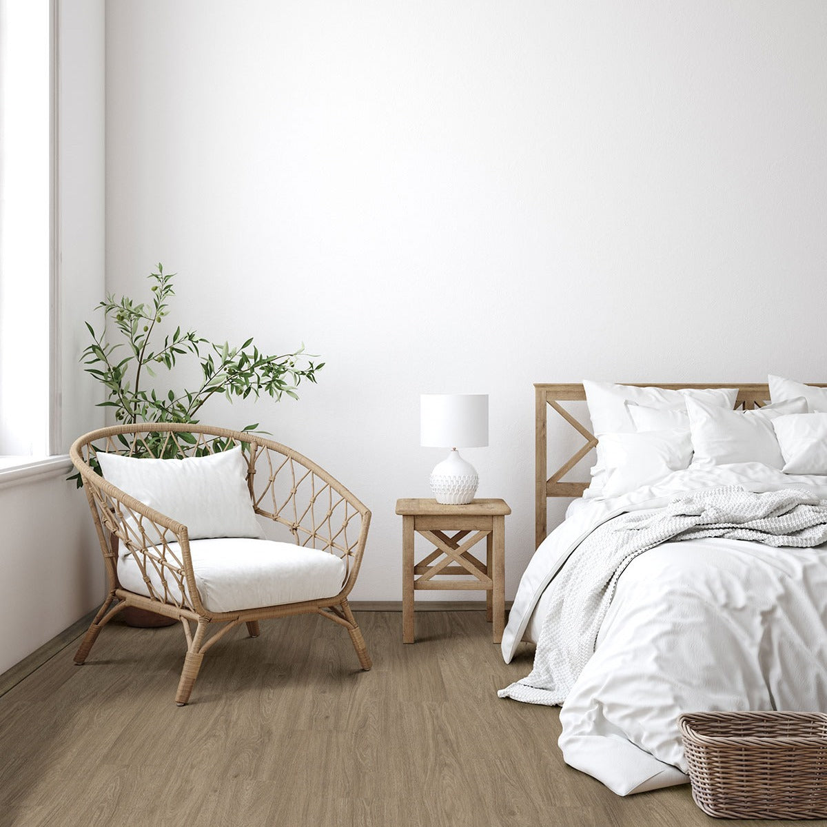 Wilmont Bleached Elm glue down luxury vinyl flooring installed in a bedroom