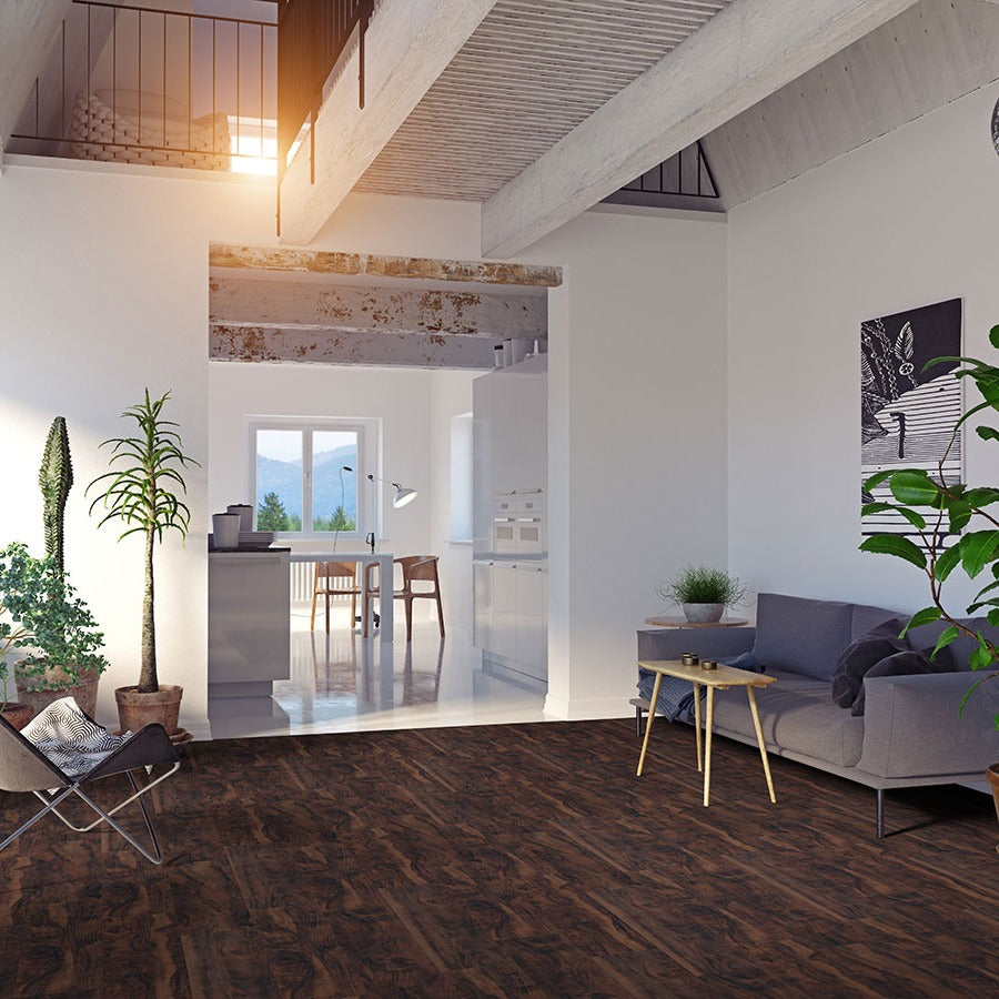 Wilmont Burnished Acacia glue down luxury vinyl flooring shown in a furnished room