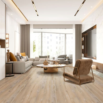 Wilmont Lime Washed Oak glue down luxury vinyl flooring shown in a furnished room
