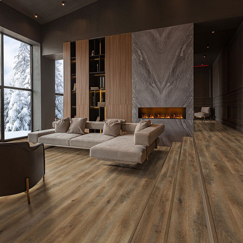 Wilmont Reclaimed Oak glue down luxury vinyl flooring shown in a furnished room