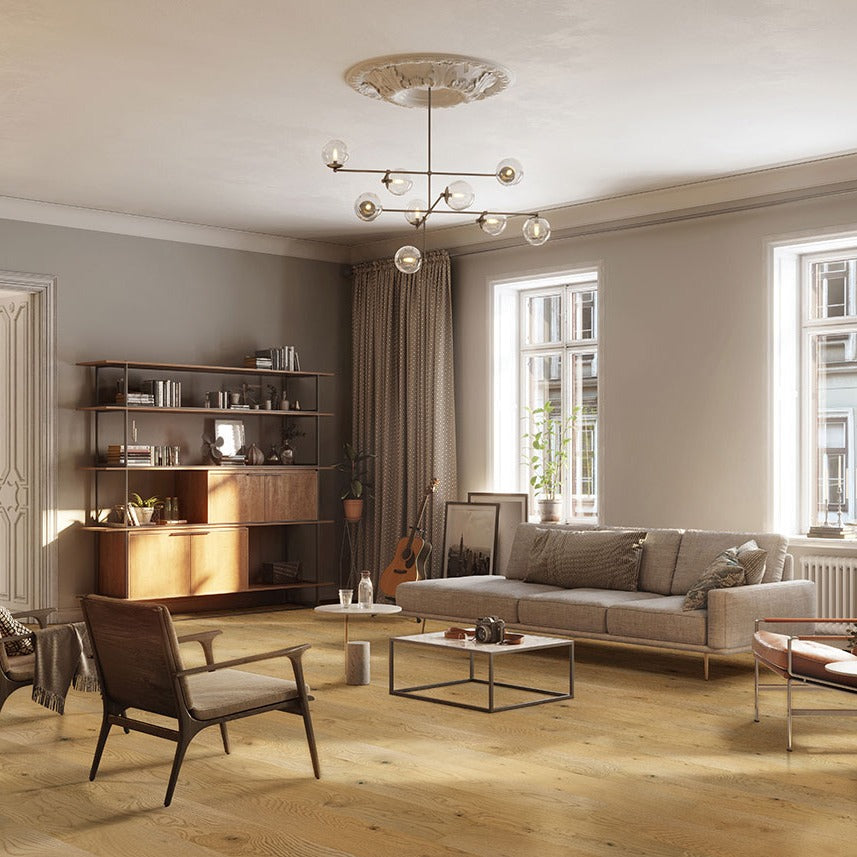 Woodhills Aura Gold Oak waterproof engineered wood flooring installed in a room