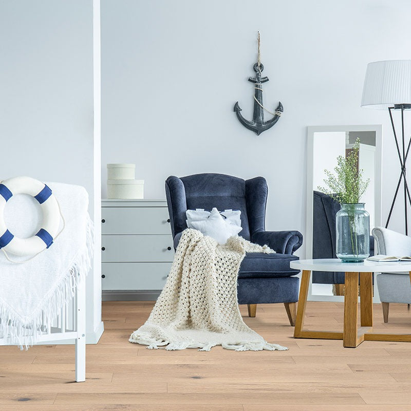 Woodhills Bali Buff Oak waterproof engineered wood flooring installed in a living room