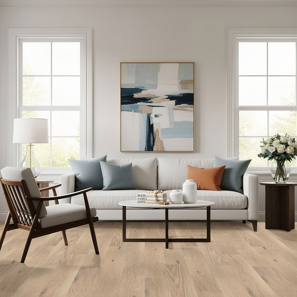 Woodhills Bali Buff Oak waterproof engineered wood flooring installed in a living room