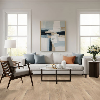 Woodhills Bali Buff Oak waterproof engineered wood flooring installed in a living room