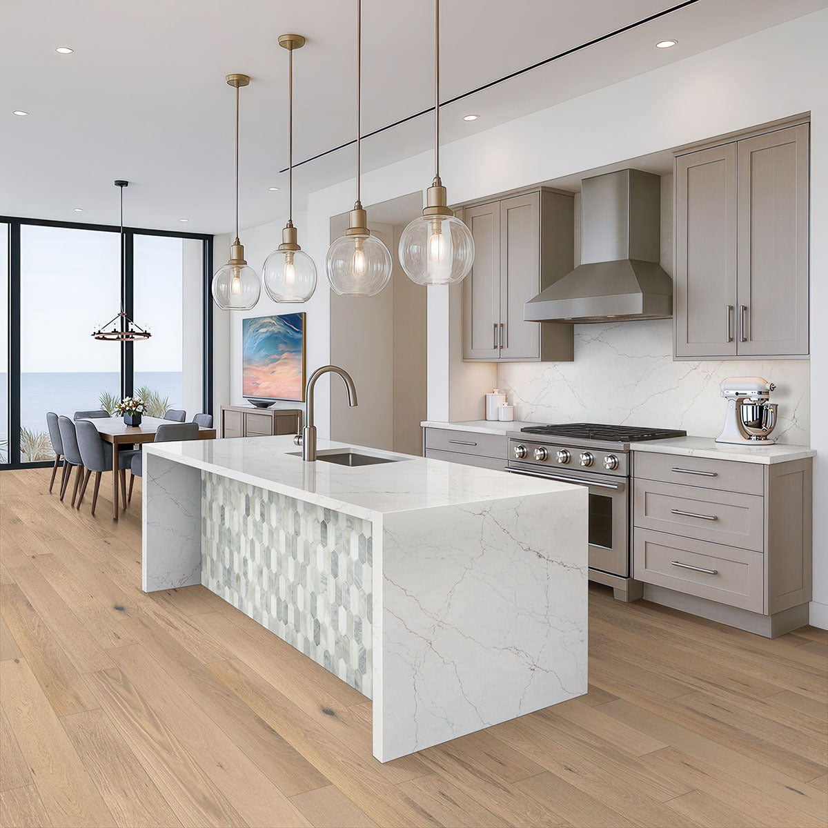 Woodhills Bali Buff Oak waterproof engineered wood flooring installed in a kitchen