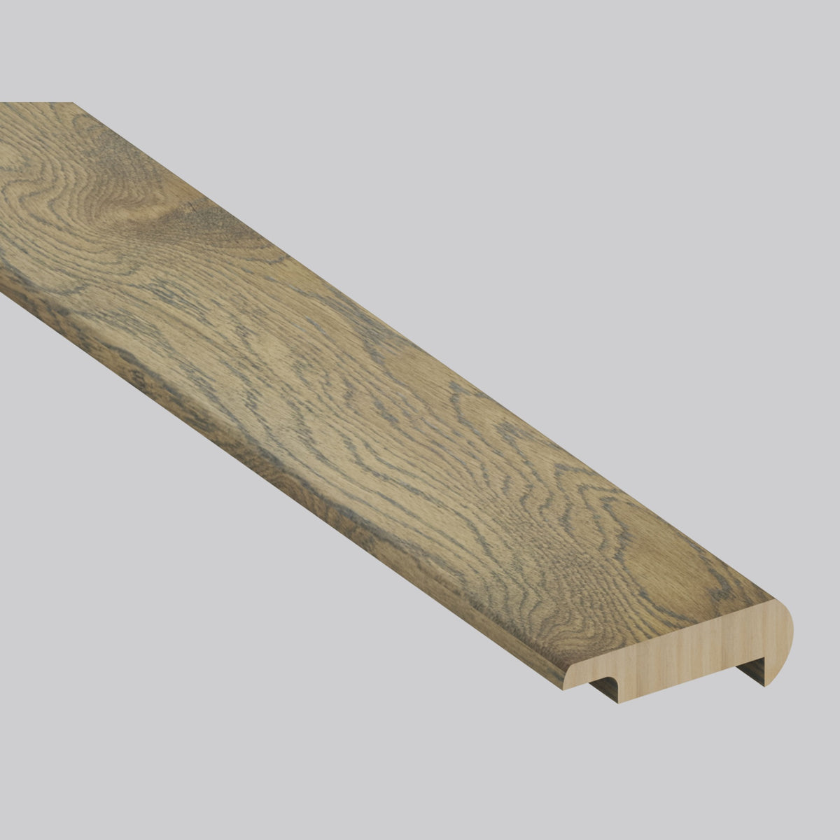 Chestnut Heights Oak round stair nose trim, matching Woodhills Chestnut Heights Oak waterproof engineered wood