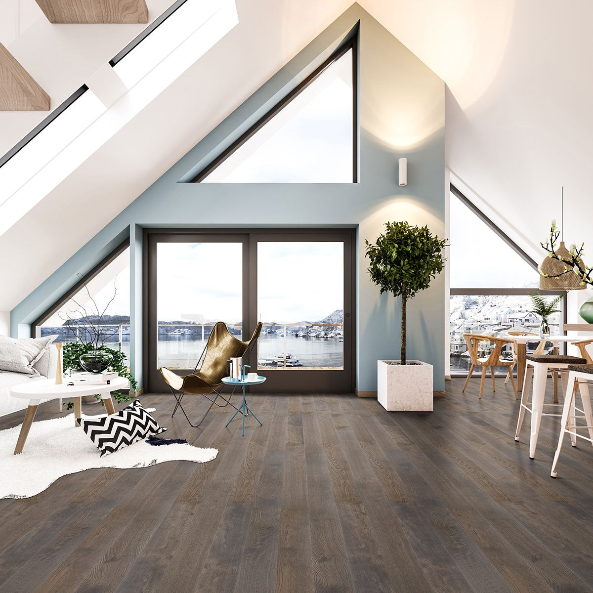 Woodhills Estate Oak waterproof engineered wood flooring installed in a room