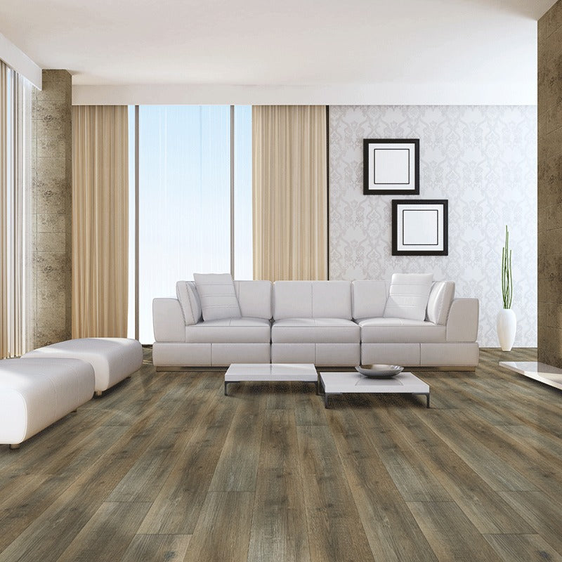 XL Ashton Maracay Brown SPC rigid core vinyl flooring shown in a furnished room