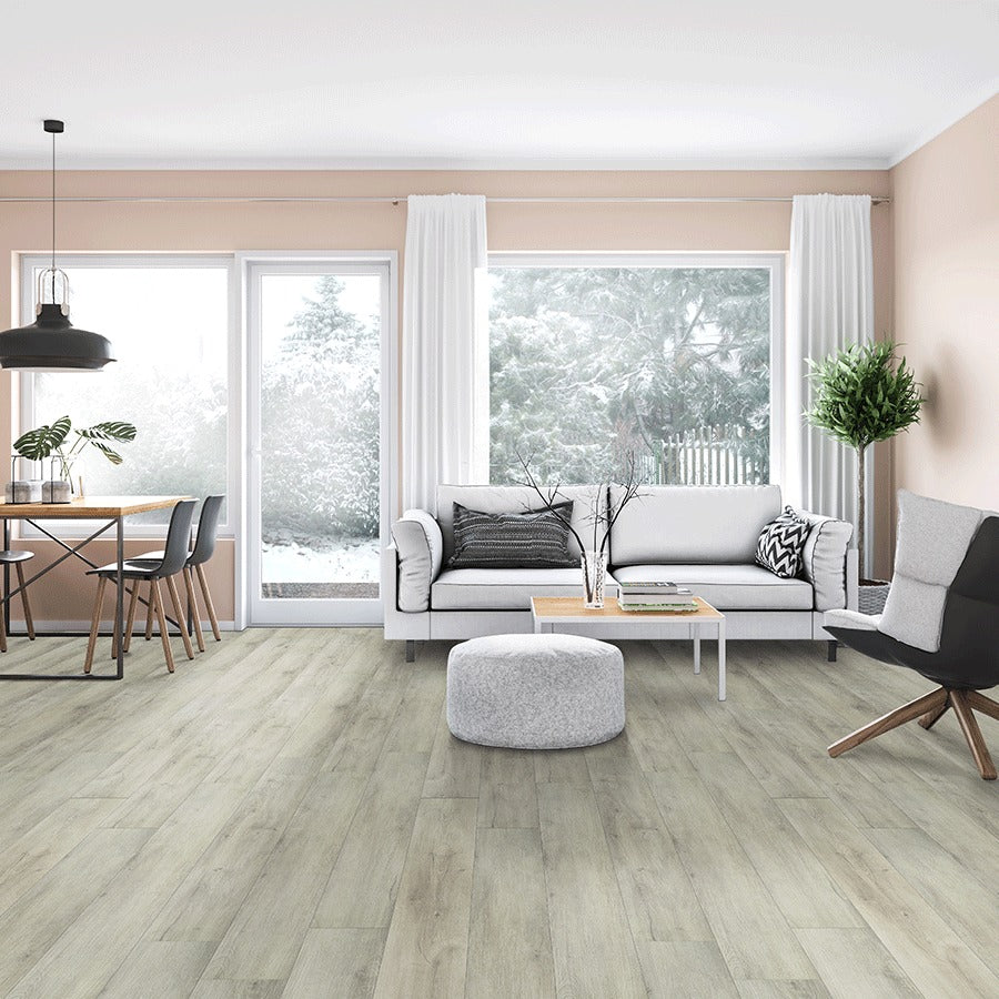 XL Ashton York Gray SPC rigid core vinyl flooring shown in a furnished room
