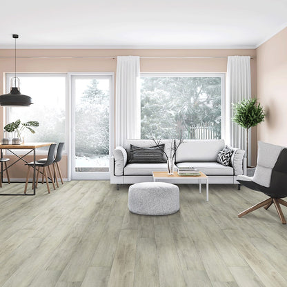 XL Ashton York Gray SPC rigid core vinyl flooring shown in a furnished room