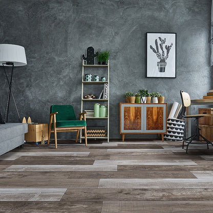 XL Cyrus Weathered Brina SPC rigid core vinyl flooring shown in a furnished room