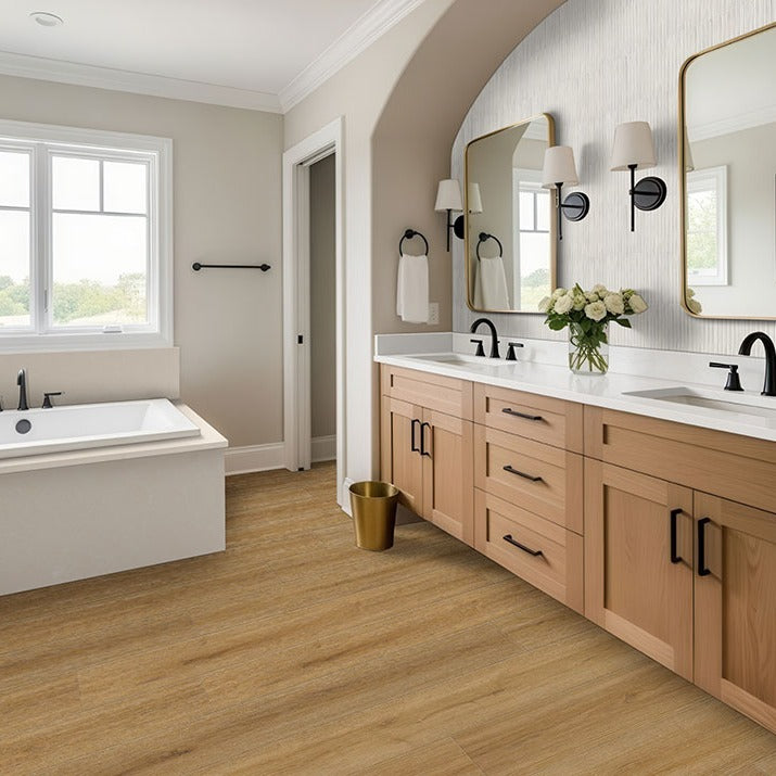 XL Prescott Amber Forrester SPC rigid core vinyl flooring installed in a bathroom