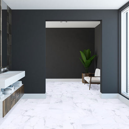 XL Trecento Calacatta Legend SPC rigid core vinyl flooring shown in a furnished room