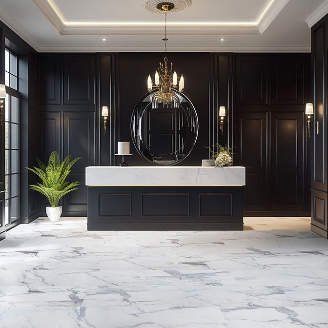 XL Trecento Calacatta Legend SPC rigid core vinyl flooring shown in a furnished room