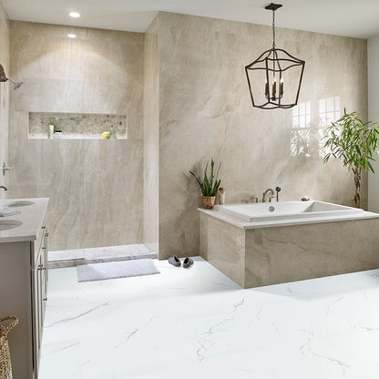 XL Trecento Calacatta Serra SPC rigid core vinyl flooring shown in a furnished room