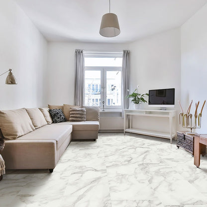 XL Trecento Calacatta Venosa Gold SPC rigid core vinyl flooring shown in a furnished room