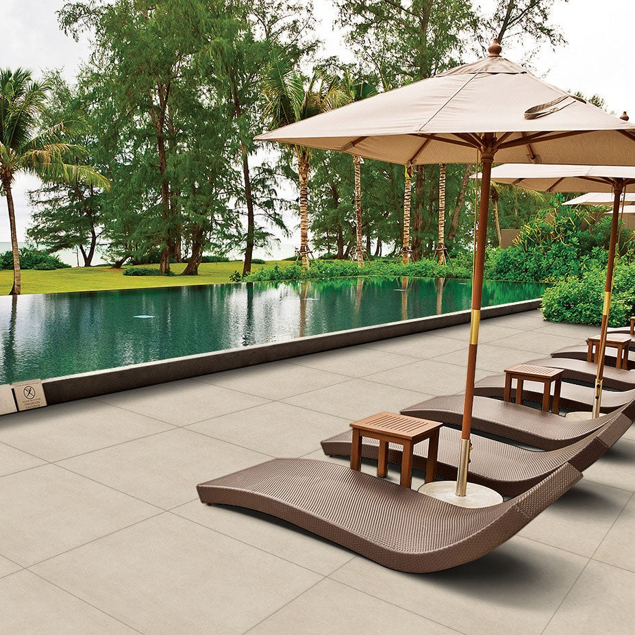 Zement Blanco Arterra Porcelain Pavers shown installed in a finished outdoor or living space