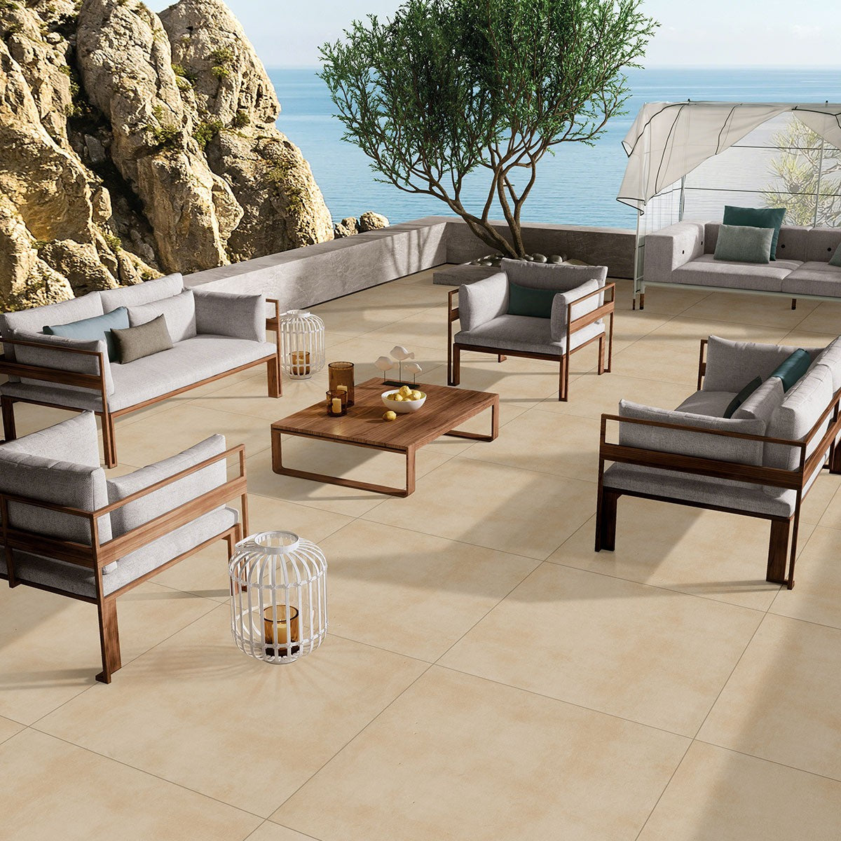 Zement Nacar Arterra Porcelain Pavers shown installed in a finished outdoor or living space