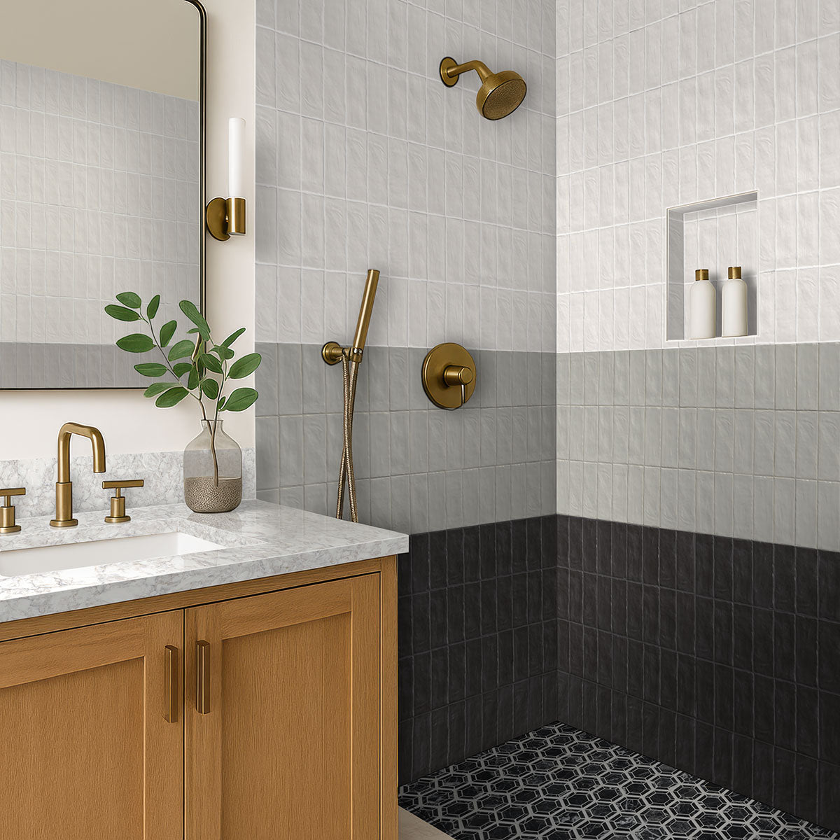 Zest Aloe ceramic tile installed in a bathroom setting, scene 4