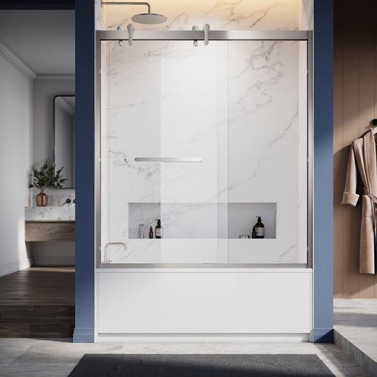 Preston semi-frameless double sliding shower door in 5/16 inch clear tempered glass