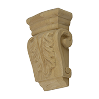 Low Profile Acanthus Leaf Wood Corbel in unfinished solid wood, 2-3/4 inch x 1-1/2 inch x 4-1/2 inch