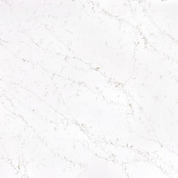 Statuario Pisa engineered quartz slab, white base with gold and grey veining, polished finish