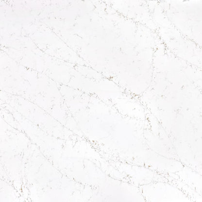 Statuario Pisa engineered quartz slab, white base with gold and grey veining, polished finish