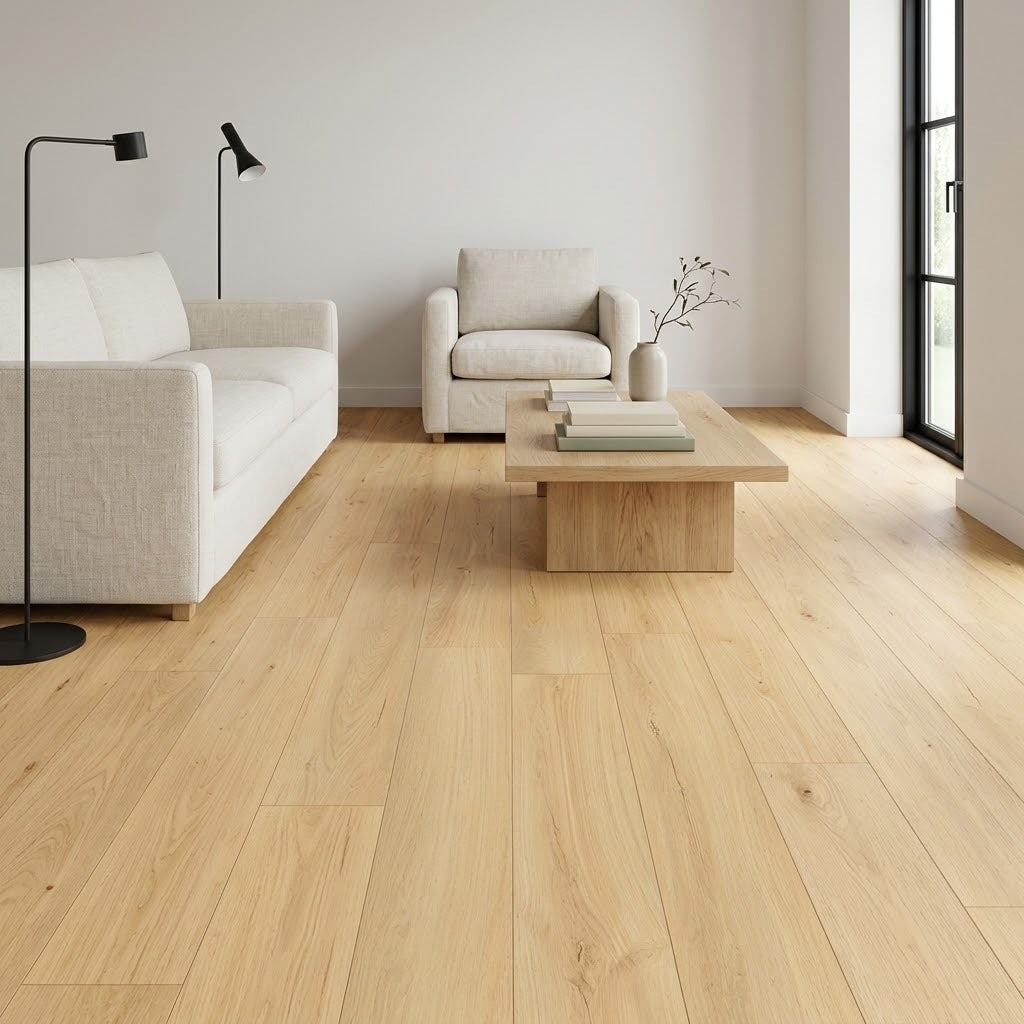 Bear Woods WP Astoria Gold Water Resistant Laminate Flooring installed in a living room