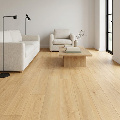 Bear Woods WP Astoria Gold Water Resistant Laminate Flooring installed in a living room