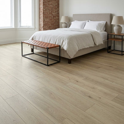 Bear Woods WP Himalayan Blue Water Resistant Laminate Flooring installed in a bedroom