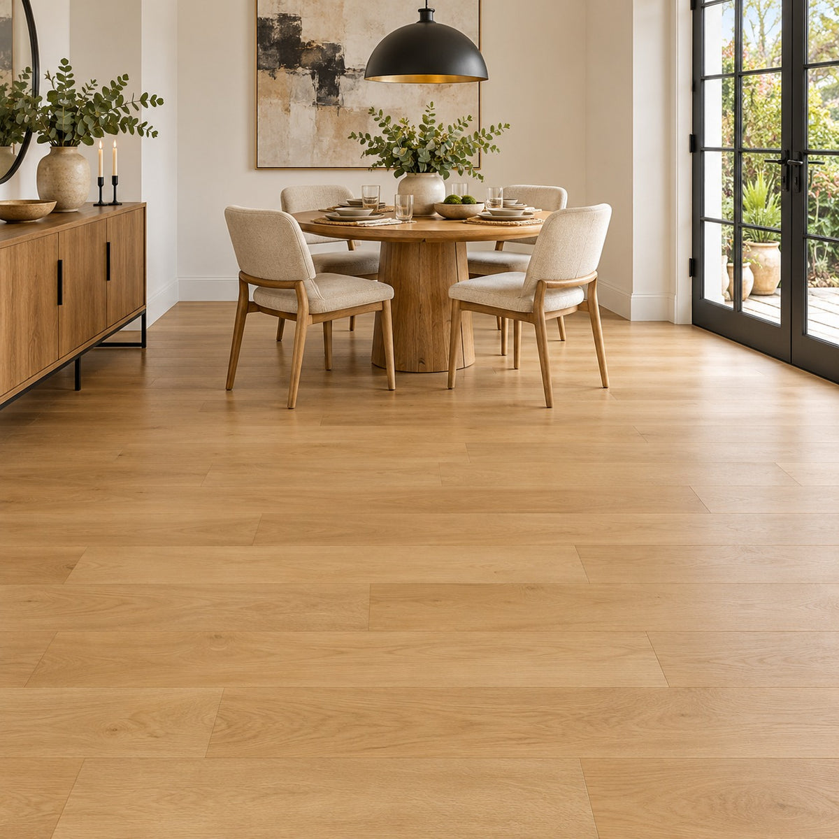 Bridge River Elegant Sand Waterproof Pure SPC™ Max Flooring installed in a dining room