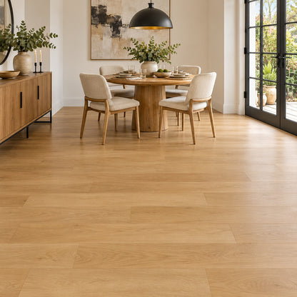 Bridge River Elegant Sand Waterproof Pure SPC™ Max Flooring installed in a dining room
