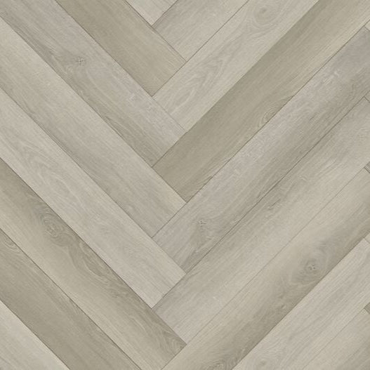 Corsica Mountains Montane waterproof SPC vinyl plank flooring, soft greige oak herringbone pattern, plank texture top-down view