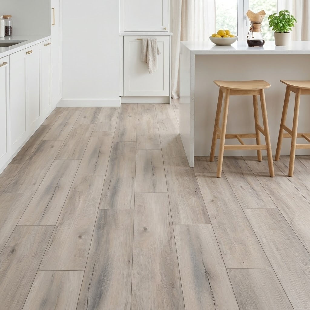 Glacier Point Sahara Beige Waterproof Pure SPC™ Max Flooring installed in a kitchen