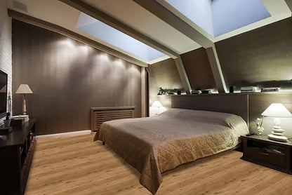 Malta Islands Colorado Gold laminate flooring, matte wood look, EIR surface, beveled edges, 48 by 8 inch planks